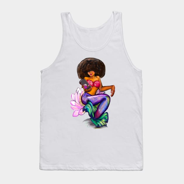 Mermaid Afro Mermaid on phone sitting on Lilly flower - Coco the Magical rainbow mermaid and phone - brown eyes, Afro hair in two puffs and caramel brown skin - light background Tank Top by Artonmytee